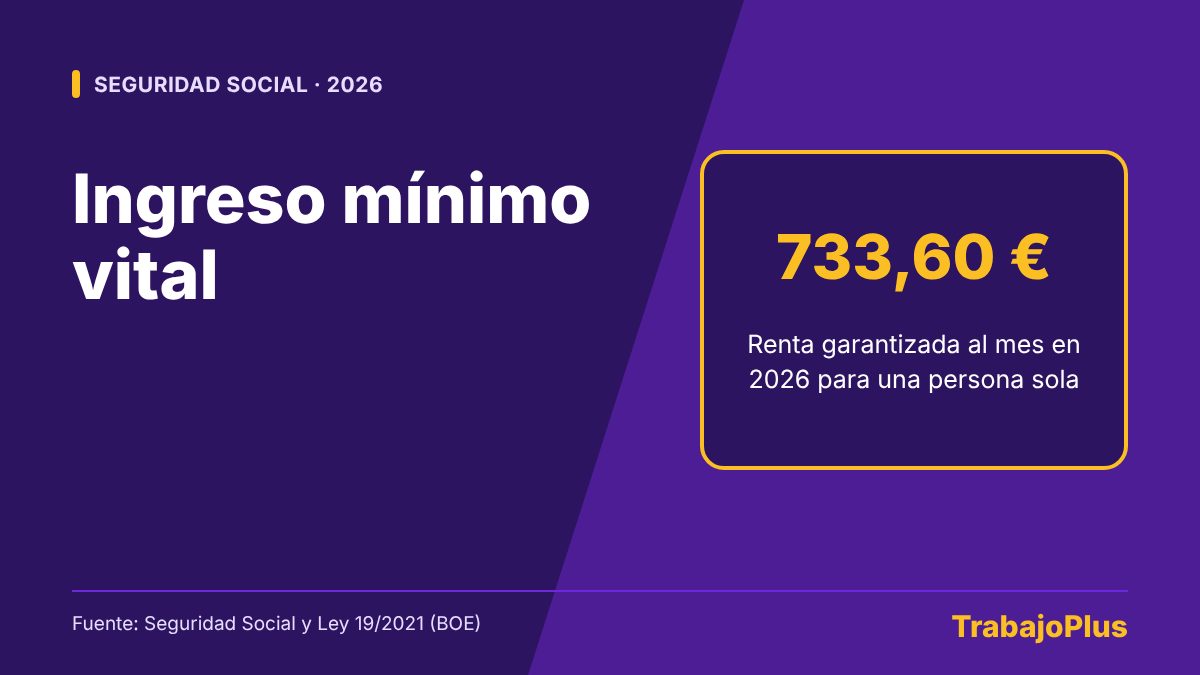Ilustración con el texto ingreso mínimo vital: renta garantizada de 733,60 euros al mes en 2026 para una persona sola